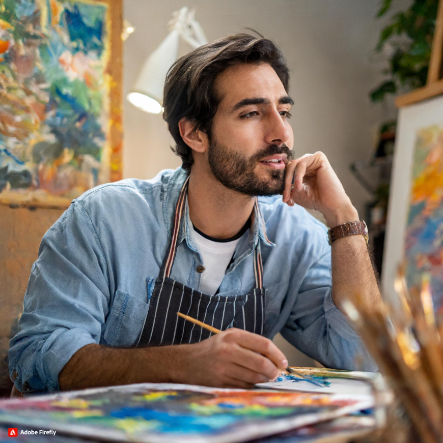 “An artist in his studio sitting at desk looking pensive with tons of paintings and ethereal.” From Image 2. Image Credits: Adobe