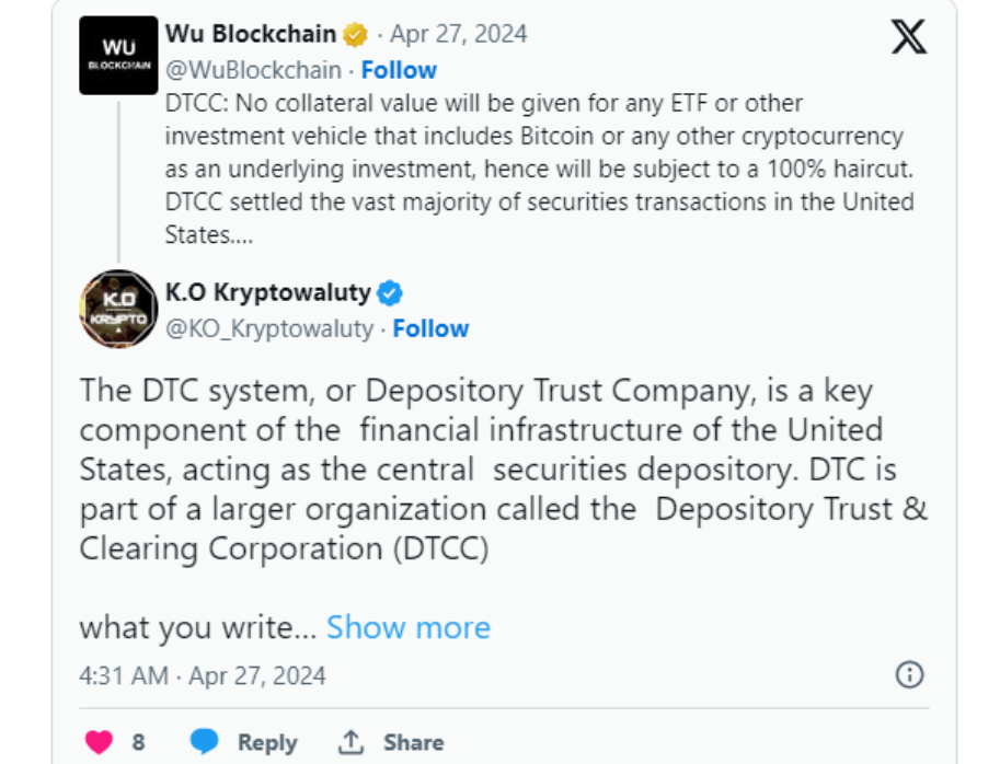 DTCC bars Bitcoin ETFs from collateral pool. (Source: K.O Kryptowaluty)