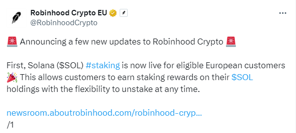 Robinhood Launches SOL Staking in Europe