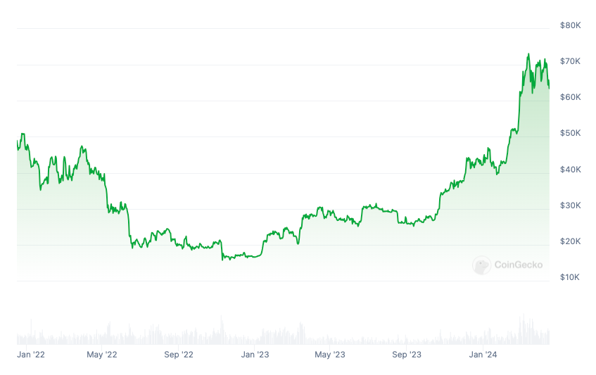Bitcoin price (from January 2022 to January 2024). Source: CoinGecko