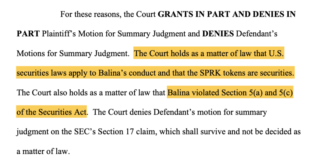 Highlighted excerpt of Judge Ezra’s order. Source: CourtListener