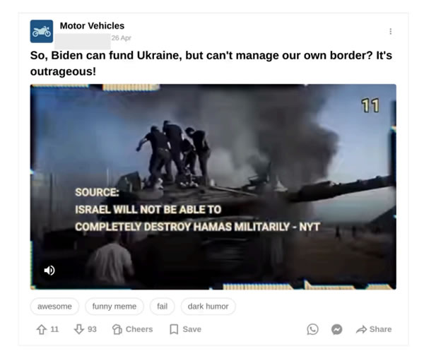 Comment about Ukraine, and video about Gaza, posted to 9GAG’s “Motor Vehicles” channel. Source: OpenAI