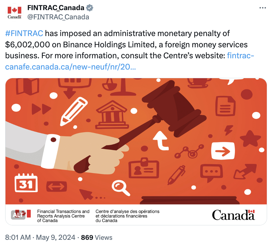 Canada Imposes $4.4M Fine On Binance for AML, CFT Violations
