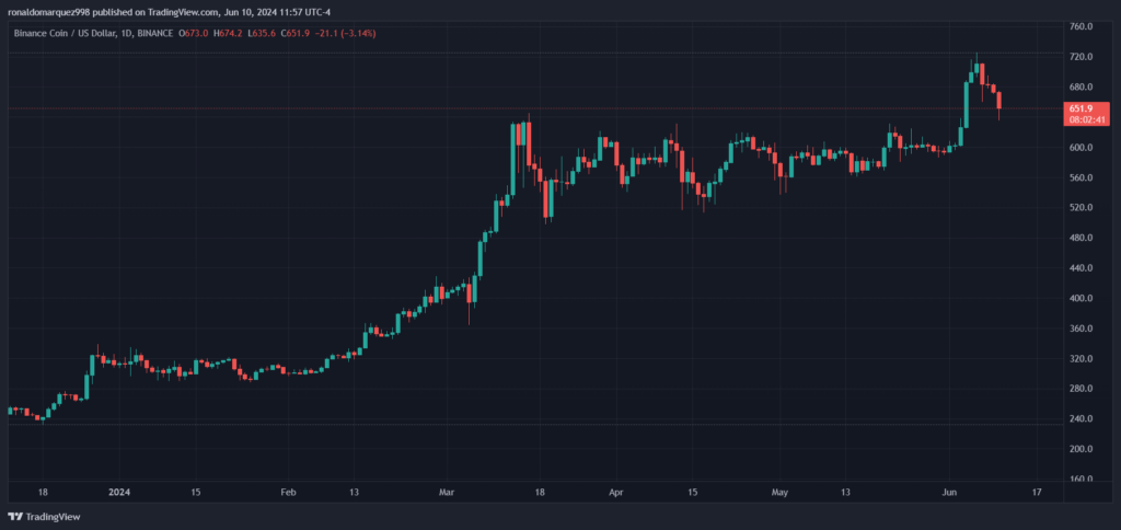 The 1-D chart shows binance coin price correction following its ATH milestone. Source: BNBUSD on TradingView.com