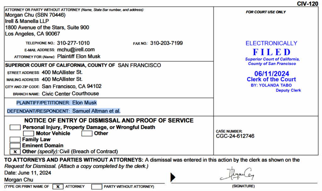 Details of Musk’s filing to dismiss the lawsuit without prejudice against OpenAI and Altman. Source: Superior Court of California