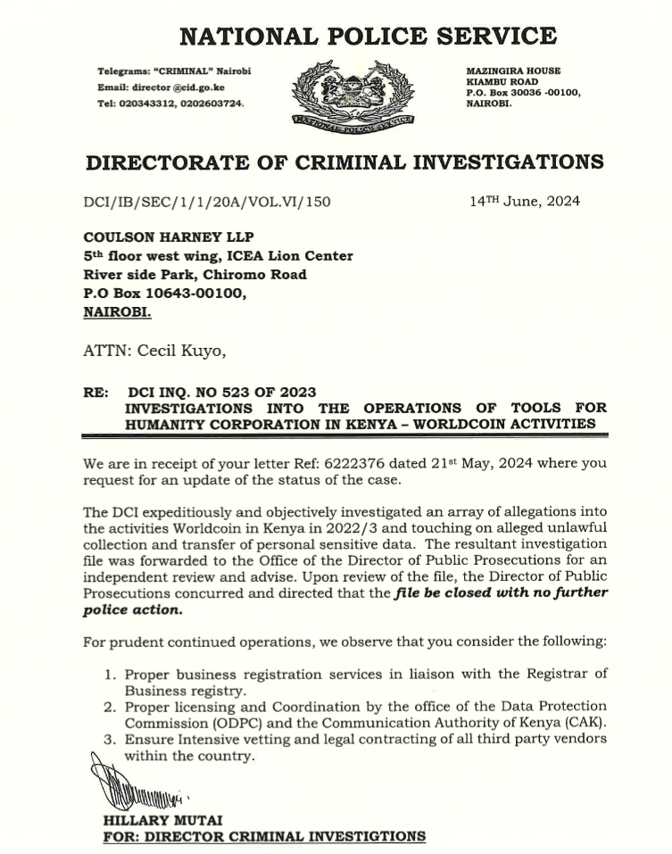 Official statement from the Directorate of Criminal Investigations (DCI). Source: Worldcoin