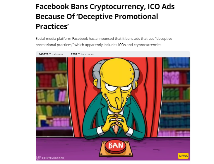 News headline following Facebook's decision to ban cryptocurrency and initial coin offering adverts. Source: Cointelegraph