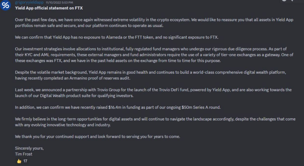 Yield App CEO Tim Frost message stating that the firm has “no significant exposure to FTX.” Source: Yield App Discord channel
