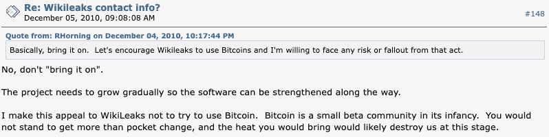 Satoshi Nakamoto didn’t want Bitcoin to become synonymous with WikiLeaks. Source: Reddit