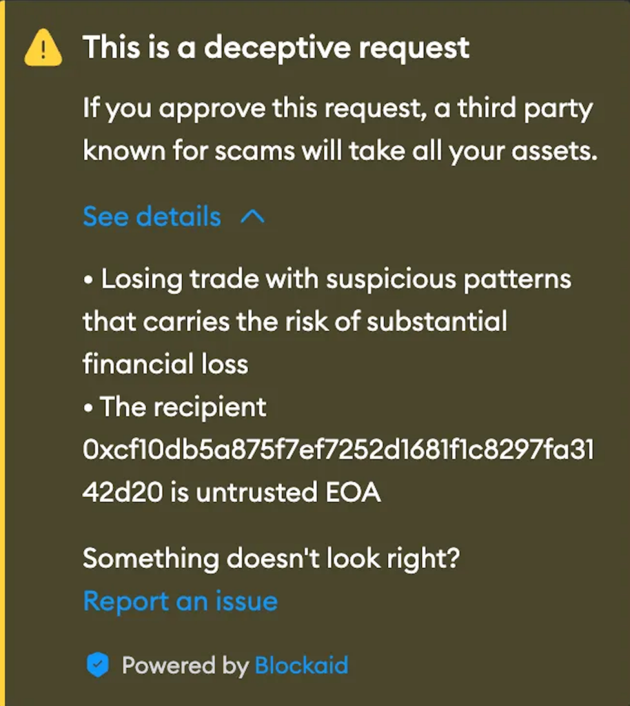An example of a Blockaid suspicious transaction alert. Source: Bernhard Mueller Medium
