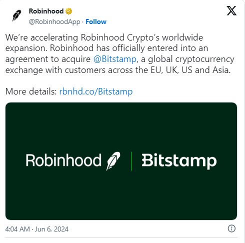 Robinhood and Bitstamp to Merge for Additional Crypto Offerings