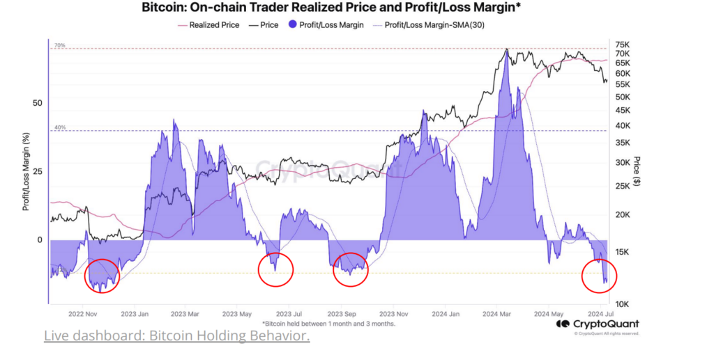 Bitcoin trader realized price vs. profit/loss margin (screenshot). Source: CryptoQuant