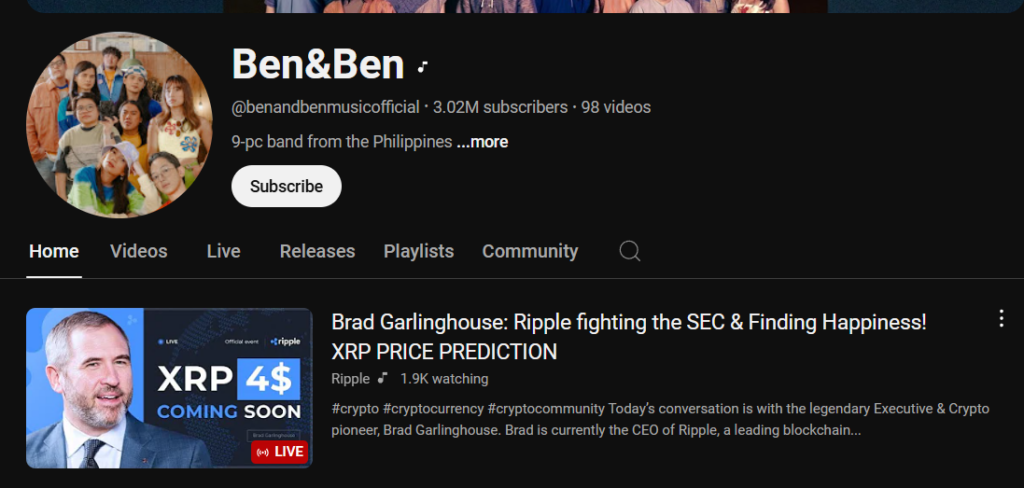 Ben&Ben account seen promoting XRP scam. Source: YouTube