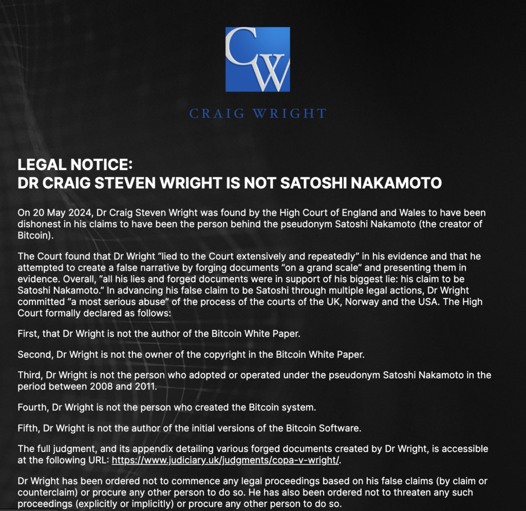 The legal disclaimer featured on Wright's website. Source: Craig Wright