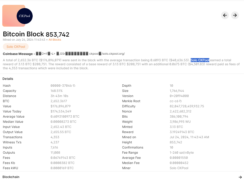 Bitcoin block reportedly mined by Bitaxe device. Source: Blockchain.com.