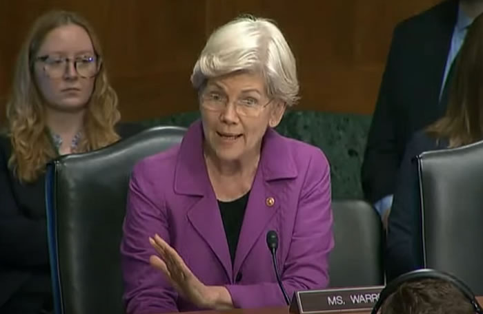 Elizabeth Warren speaking at the Senate Committee on Banking, Housing, and Urban Affairs. Source: YouTube