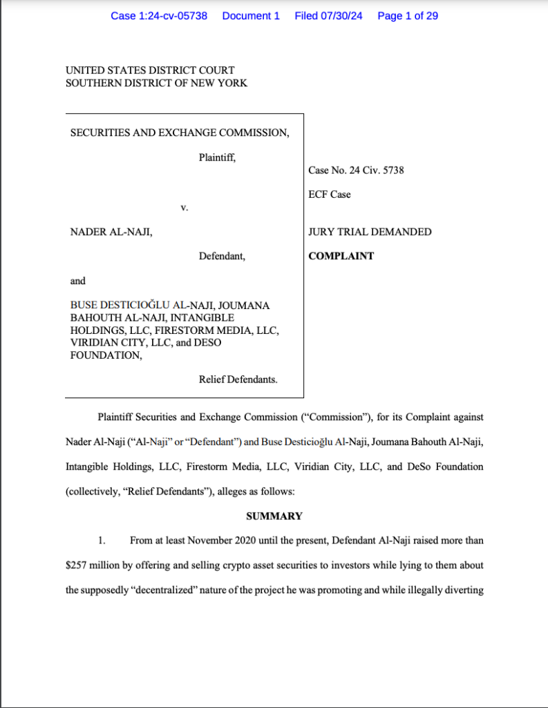 Securities and Exchange Commission complaint. Source: SEC