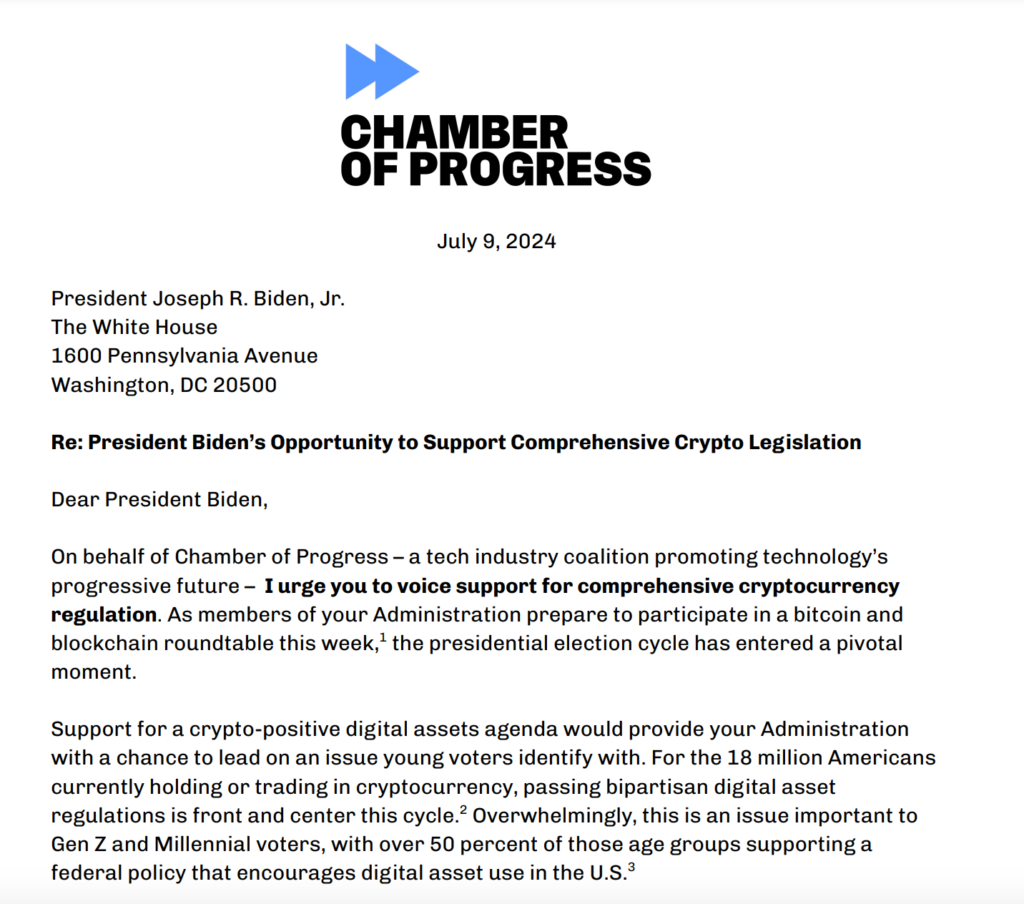 Letter to President Biden from the Chamber of Progress. Source: Chamber of Progress