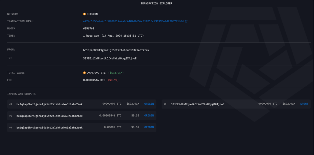 Transaction information of the US government moving BTC. Source: Arkham Intelligence