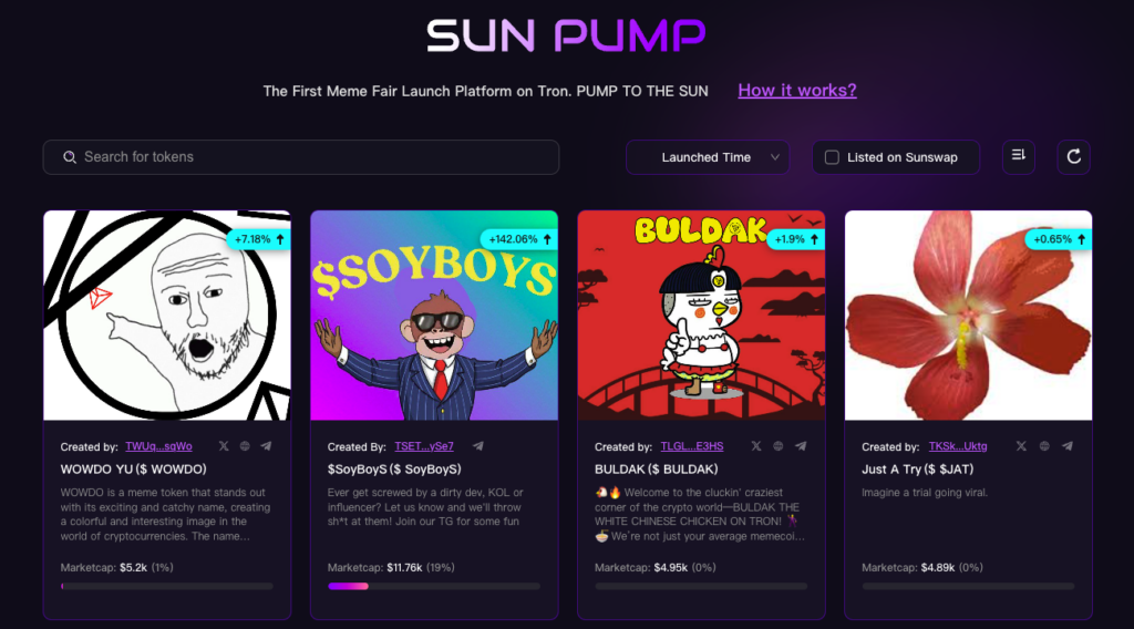 Front page of the SunPump memecoin deployer. Source: SunPump.meme