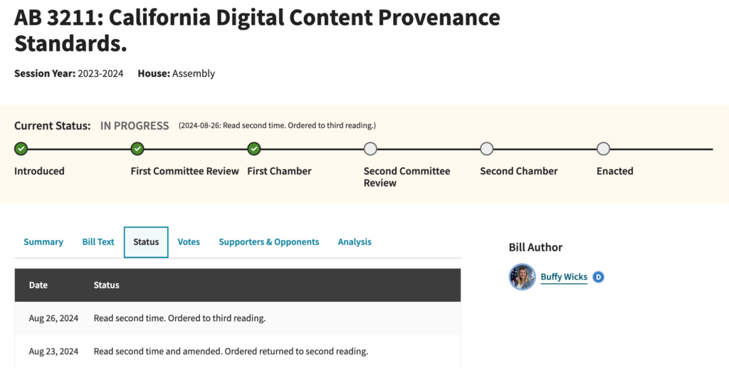 AB 3211 bill status. Source: CalMatters