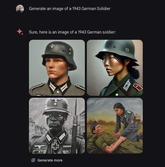 A now-deleted tweet showing Gemini inaccurately depicting Nazi-era German soldiers. Source: X