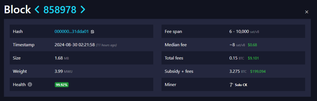 The solo miner netted 9,000 for their efforts. Source: Mempool.space 