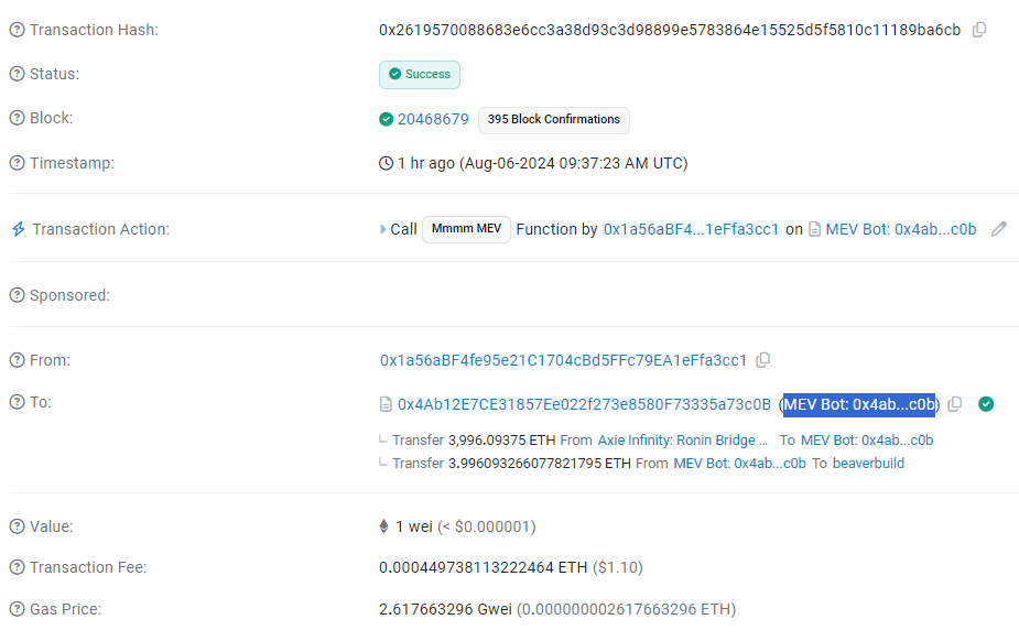 Transaction 0x261, $9.8 million Ronin drain. Source: Etherscan