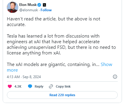 Musk: Tesla Doesn’t Need xAI Licenses