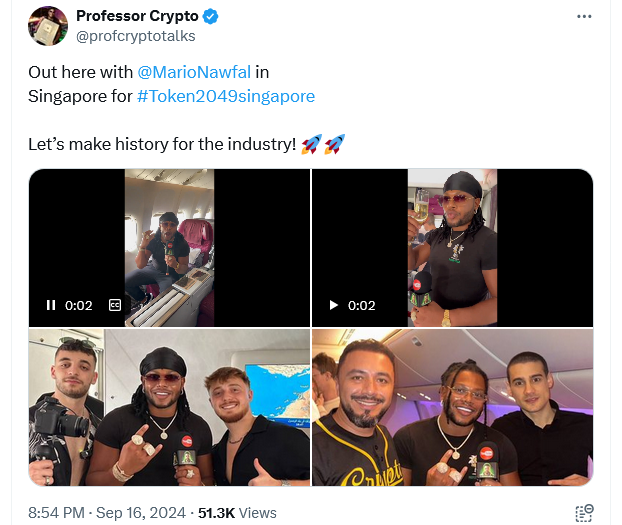 Professor Crypto posted to X several videos on a Qatar Airways flight to Singapore with other crypto influencers. Source: Professor Crypto