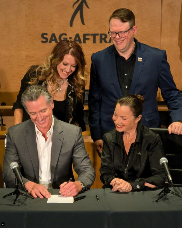 Gavin Newsom (bottom left) signs AI bills to protect performers against AI misuse. Source: Instagram