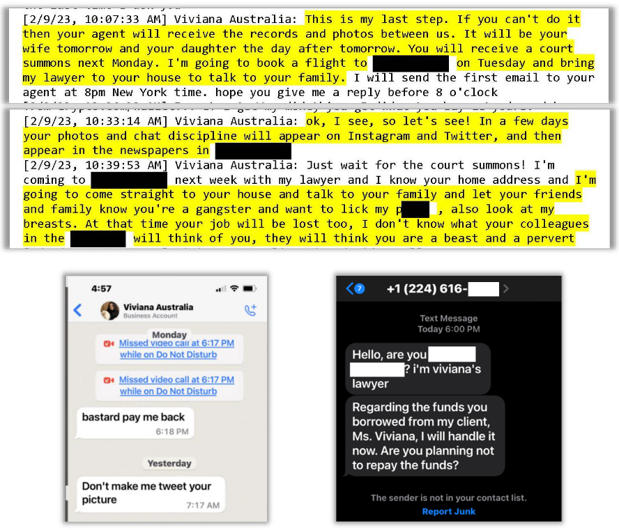 A collection of messages allegedly sent to one investor claiming their messages would be shared publicly.