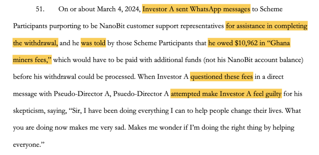 Highlighted excerpt of the complaint against NanoBit alleging an investor was unable to withdraw funds. Source: CourtListener