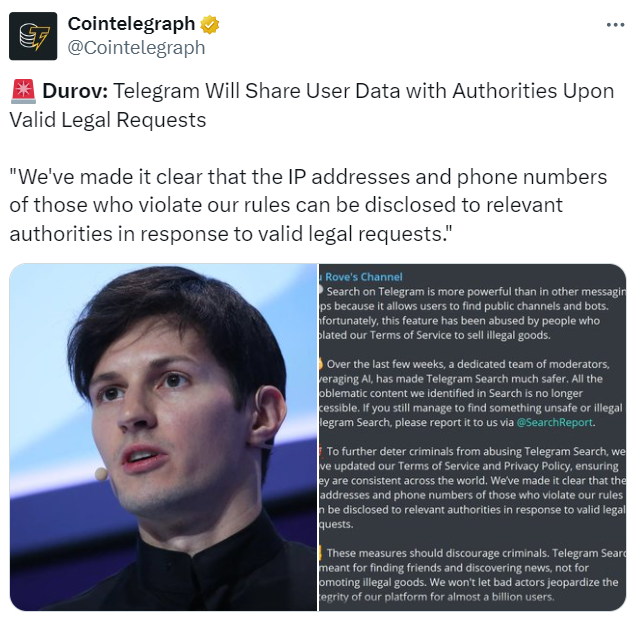 Durov announcement. Source: Cointelegraph