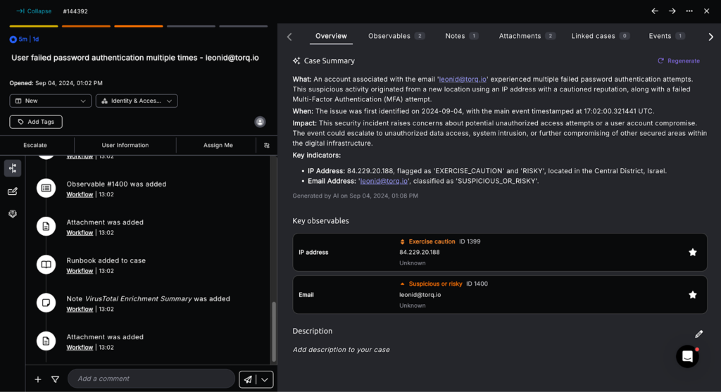 Cybersec case summaries in backend dashboard. Source: Torq