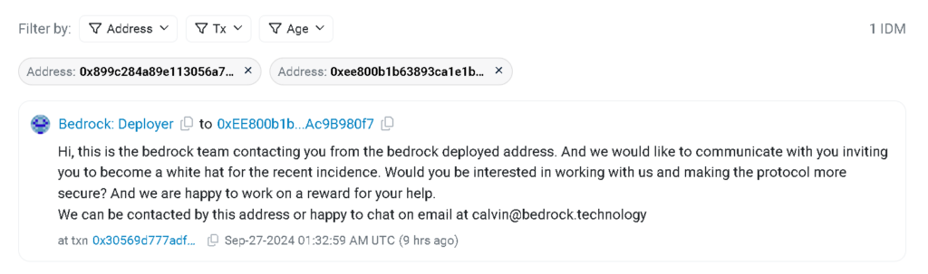 Bedrock offers a white hat job to the hacker. Source: Etherscan