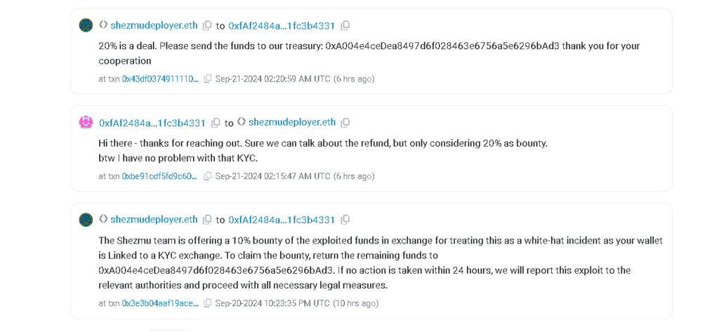 Shezmu’s team negotiates the return of stolen funds. Source: Etherscan