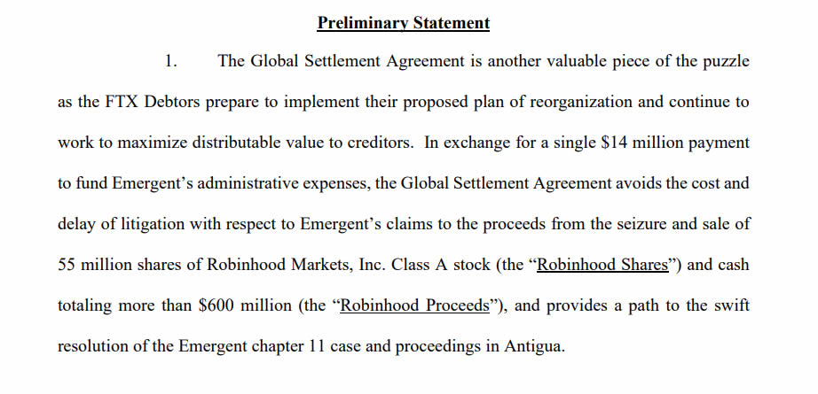 Screenshot from FTX’s Global Settlement Agreement motion. Source: Kroll