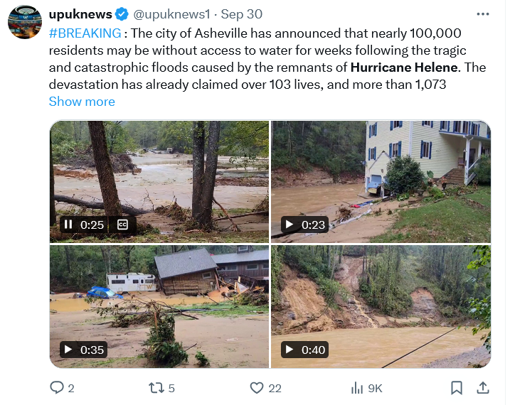 Devastating impact of Hurricane Helene in Asheville, North Carolina. Source: UPUK NEWS / X