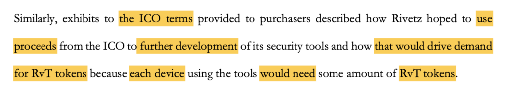 Highlighted excerpt of Judge Mastroianni’s order noting that Rivetz had said its efforts would drive demand for the RvT token. Source: CourtListener