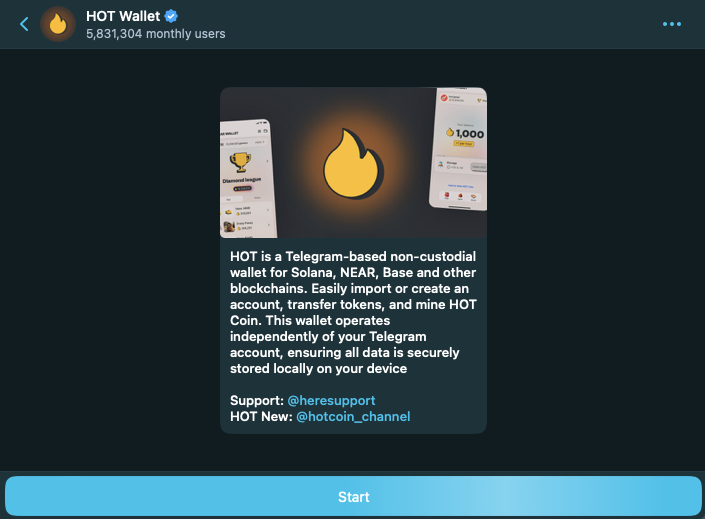 An example of a blue tag-checked Mini App wallet on Telegram (Hot Wallet).