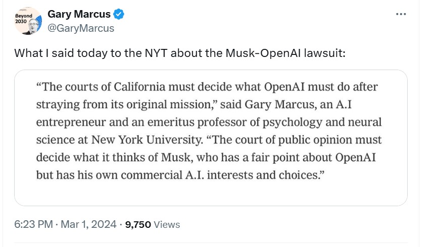 NYU professor Gary Marcus showing tacit agreement for Musk’s February lawsuit. Source: Gary Marcus