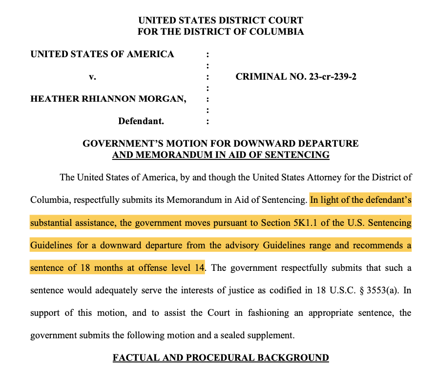 Federal prosecutors say Heather Morgan should receive 18 months jail time for her role in laundering the proceeds of the 2016 Bitfinex hack. Source: PACER