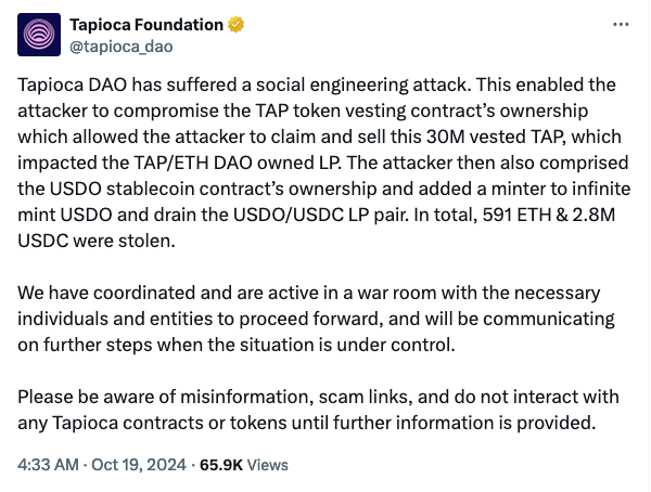 Tapioca Offers $1 Million Reward for Hacker Thief