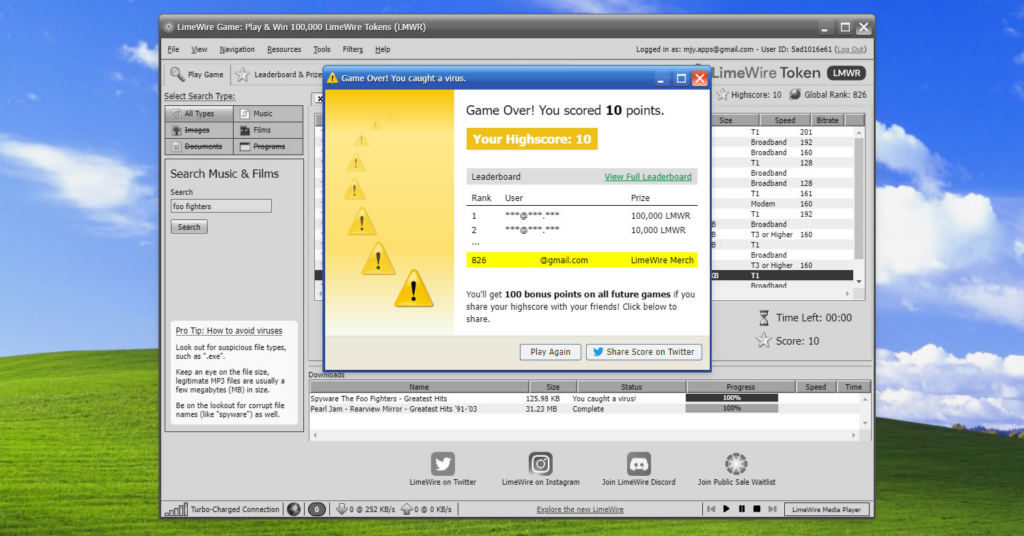 Screenshot from LimeWire’s crypto game. Source: LimeWire