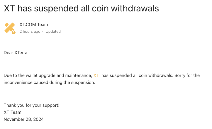 XT.com’s withdrawal suspension announcement on Nov. 28. Source: XT.com