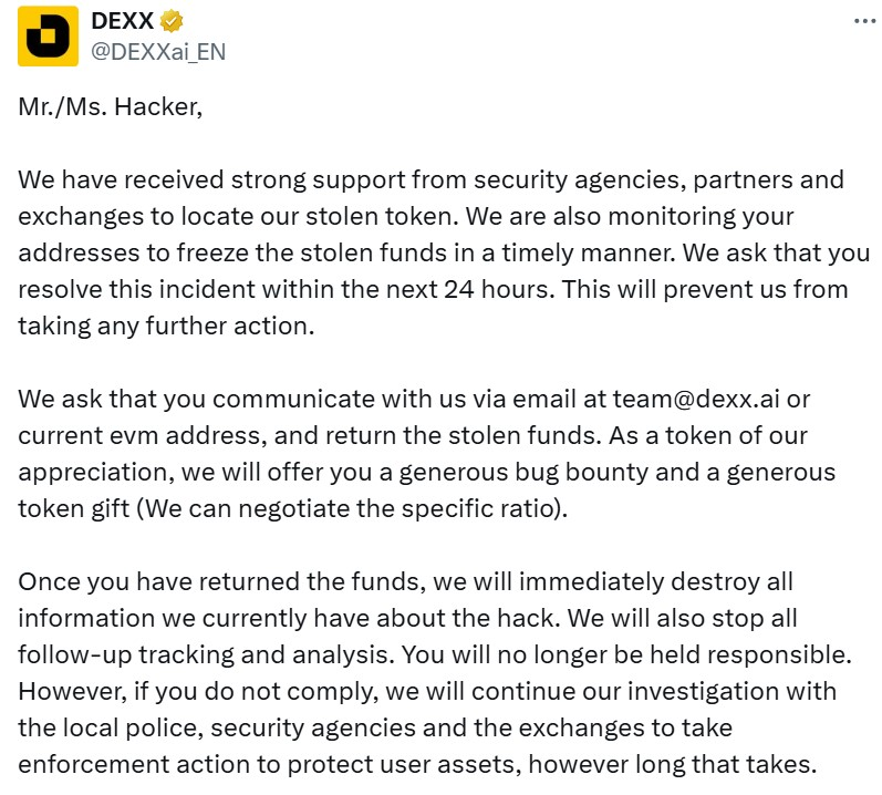 DEXX offers hacker bounty and tokens in return for stolen funds. (DEXX)