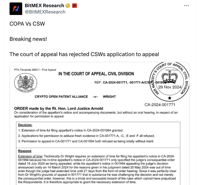 The Appeal’s order denying Craig Wright’s permission to appeal. Source: BitMEX