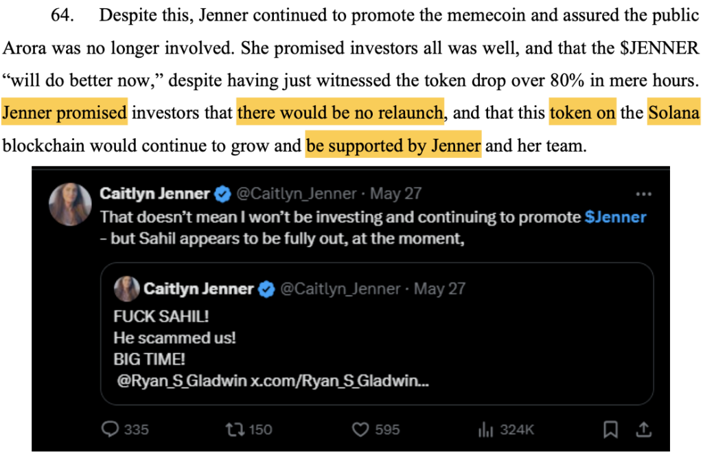 A highlighted excerpt of the complaint alleging Jenner promised not to relaunch the token, which was later allegedly relaunched on Ethereum. Source: PACER