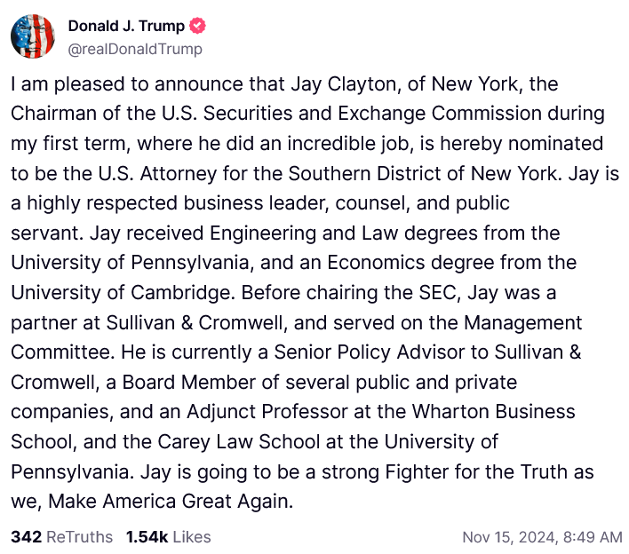 Trump Names Jay Clayton U.S. Attorney for Manhattan